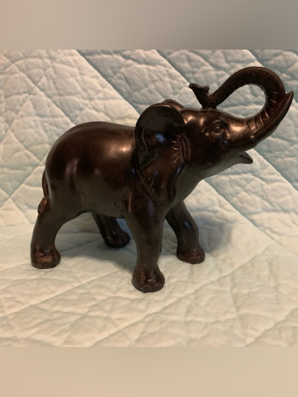 Hand Carved Elephant Dark Wood Sculpture Trunk Up About 8 x 11 Inches
